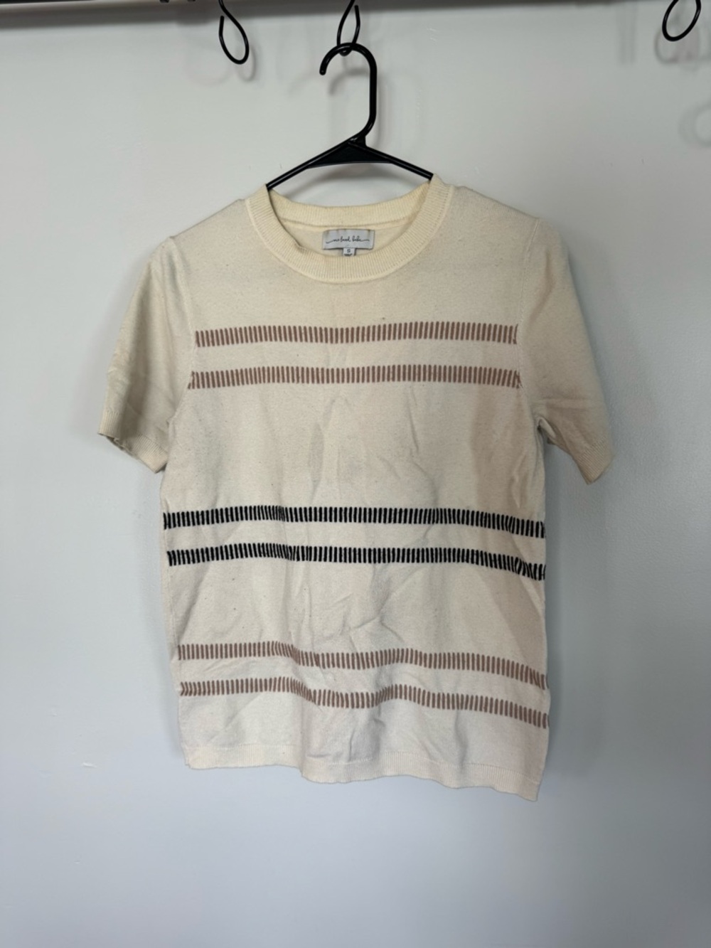 Striped Knit Short Sleeve Sweater - Cream with Brown & Black Stripes